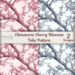 May include: A seamless design featuring two patterns of Chinoiserie cherry blossoms. One pattern has pink blossoms on a light pink background, and the other has blue blossoms on a light blue background. The text "Chinoiserie Cherry Blossom" and "Tolie Pattern" is visible.