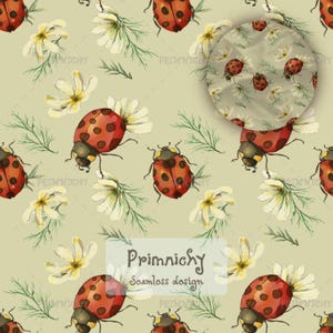 ladybug floral seamless pattern, cute spring garden digital paper, cottagecore nursery fabric wallpaper design