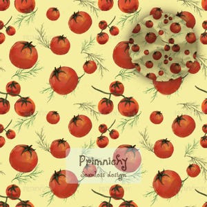 May include: A seamless pattern featuring red tomatoes and smaller cherry tomatoes with green sprigs on a light yellow background. The design includes the text "Primnichy Seamless design".
