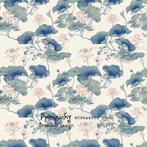 Puede incluir: Diseño sin costuras con un patrón repetido de hojas de loto azules y flores de loto rosas sobre un fondo crema. La imagen incluye el texto "Primnichy" y "Seamless design".