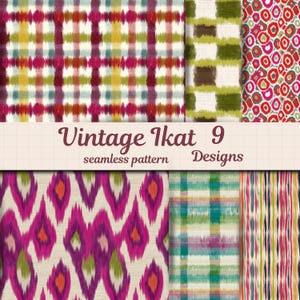 Vintage Ikat Nahtloses Muster Bündel, Boho Textil Digitales Papier, Retro Gewebemuster, Buntes Karo Ikat PNG Set