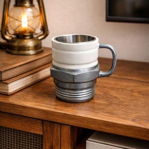 以下が含まれることがあります： ステンレス鋼の内側、白いセラミックの上部、工業用ハードウェアに似せて設計された金属製の底部を備えたユニークなコーヒーマグ。 マグカップは木製の表面にあり、ヴィンテージのランタンと本が背景にあります。