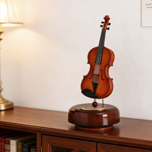 Może przedstawiać: Miniaturowa pozytywka w kształcie skrzypiec. Skrzypce są w ciepłym brązowym kolorze z czarnymi strunami i czarną podbródkiem. Jest zamontowany na ciemnobrązowej, okrągłej podstawie. Podstawa ma małą, złotą plakietkę. Tłem jest drewniana szafka i biała ściana.