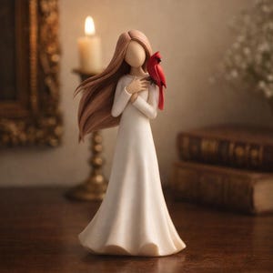 Pode incluir: Estatueta de uma mulher em um vestido branco com cabelo castanho comprido, um cardeal vermelho pousado em seu ombro. A estatueta está em uma superfície de madeira, com uma vela acesa e livros ao fundo.