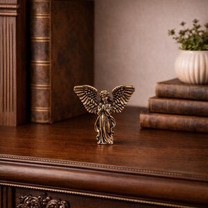 Op de afbeelding: Een kleine, bronzen engelenfiguur met uitgespreide vleugels. Het engeltje staat op een donkerhouten oppervlak met gedetailleerd snijwerk. De achtergrond bevat boeken en een kleine potplant, wat duidt op een decoratief item.