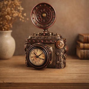 Puede incluir: Reloj decorativo de estilo steampunk en tonos bronce y cobre. El reloj tiene un diseño similar a una cámara con engranajes, una esfera redonda y un elemento superior circular. Se encuentra sobre una superficie de madera, con un jarrón y libros al fondo.