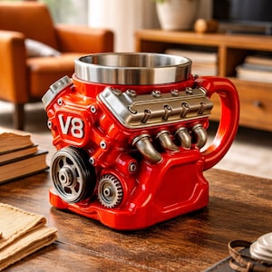 Könnte beinhalten: Eine rote Tasse in Form eines V8-Motors mit Edelstahlrand und Griff. Die Tasse zeigt detaillierte Motorkomponenten, darunter Zahnräder, Riemenscheiben und Auspuffrohre. Der Text "V8" ist gut sichtbar.