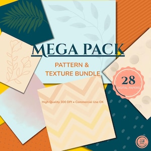 Può includere: Un'immagine che mostra un pacchetto digitale di modelli e texture. L'immagine presenta un titolo "MEGA PACK", il testo "PATTERN & TEXTURE BUNDLE" e un badge con "28 DIGITAL PAPERS". Le carte mostrano disegni floreali, geometrici e acquerellati. È visibile anche il testo "High Quality 300 DPI • Commercial Use OK".