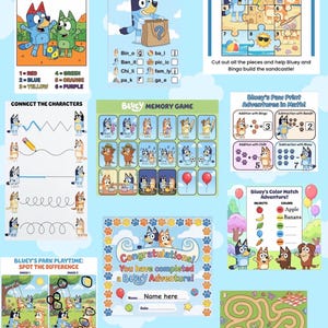 May include: A colorful activity sheet featuring Bluey characters. Includes a color-by-number, connect-the-dots, memory game, puzzle, math problems, spot-the-difference, and a maze. Also includes a completion certificate.