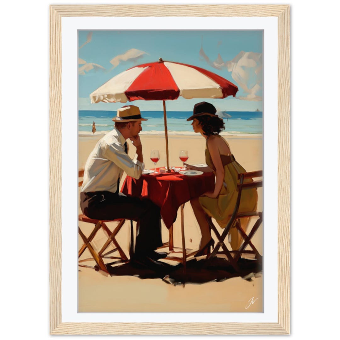 Romantic Beach Couple Art Print | Vintage Seaside Cafe Wall Art - Etsy