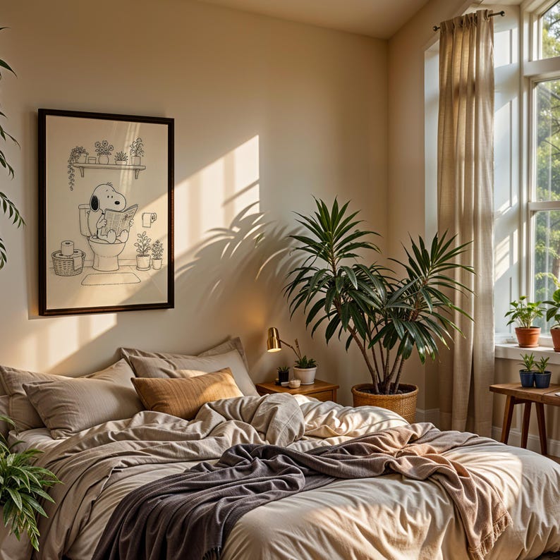 Puede incluir: Un dormitorio con una cama cubierta con ropa de cama beige y una manta gris oscura. Un estampado en blanco y negro de Snoopy enmarcado cuelga de la pared. La habitaci&oacute;n est&aacute; iluminada con luz natural y presenta plantas en macetas.