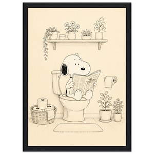 Divertidos cuadros para el baño: lámina de perro en el inodoro, póster retro de perro de dibujos animados, decoración para el baño de invitados, arte humorístico en blanco y negro para el baño. imagen 1