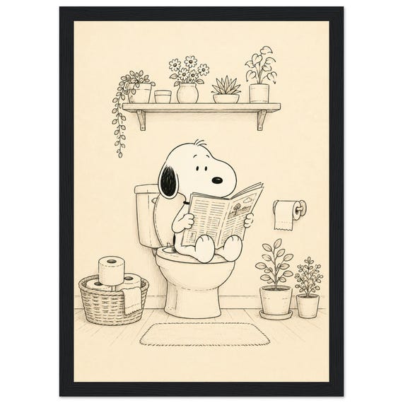 Funny Bathroom Wall Art – Dog on Toilet Print – Retro Cartoon Dog Poster – Guest Bath Decor – Black & White Humorous Restroom Art
