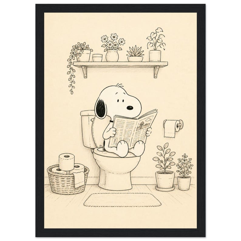 Divertidos cuadros para el baño: lámina de perro en el inodoro, póster retro de perro de dibujos animados, decoración para el baño de invitados, arte humorístico en blanco y negro para el baño. imagen 1