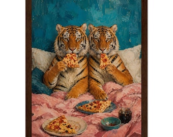 Arte mural de tigre maximalista – Pintura al óleo ecléctica y peculiar – Lámina divertida de un animal comiendo pizza – Decoración colorida y kitsch para el hogar – Póster para noche de cine