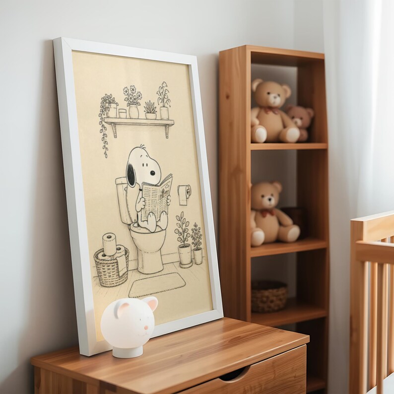 Funny Bathroom Art, Dog On Toilet, Guest Bath Decor, Kids Bathroom Print, Retro Cartoon Dog, Bathroom Humor, Black And White Art, Restroom Wall Decor, Toilet Poster, Comic Strip Print, Quirky Home Decor, Botanical Bathroom, Newspaper Dog Art