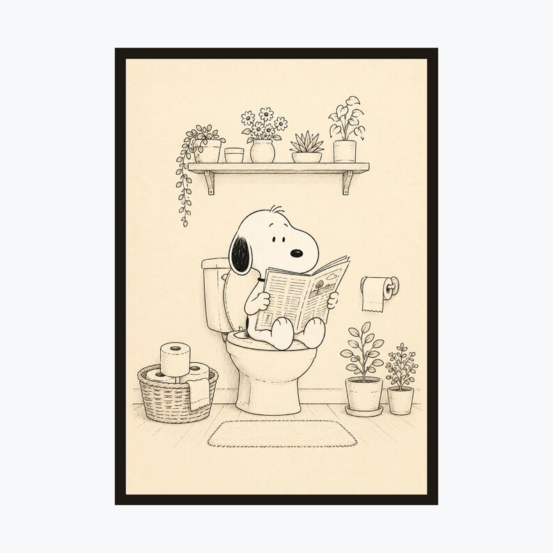 Puede incluir: Ilustraci&oacute;n en blanco y negro de Snoopy sentado en un inodoro, leyendo un peri&oacute;dico. La escena del ba&ntilde;o incluye una estanter&iacute;a con plantas en macetas, un rollo de papel higi&eacute;nico y una peque&ntilde;a alfombra. Una cesta contiene papel higi&eacute;nico adicional.