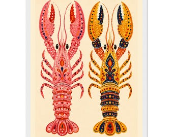 Lámina decorativa colorida con dos langostas – Decoración de pared con animales originales y enmarcada – Póster vibrante para la habitación del bebé y el hogar