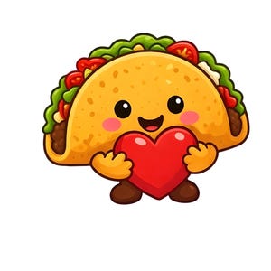 Könnte beinhalten: Ein Cartoon-Taco-Charakter mit einem lächelnden Gesicht, der ein rotes Herz hält. Der Taco ist mit Salat, Tomaten und Fleisch gefüllt und hat eine gelbe Schale. Die Figur hat braune Füße und rosige Wangen, vor einem weißen Hintergrund.