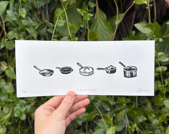 Impresión artística de cocina "Ollas y sartenes", ilustración linograbada hecha a mano, arte mural de 4 x 10, regalo para chef