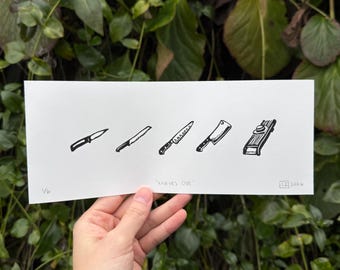 Lámina artística de cocina con herramientas de corte, ilustración de cuchillos linograbados a mano, arte mural de 10 x 25 cm, regalo para chef
