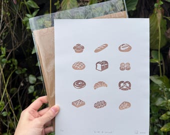 Impresión linográfica de pan hecha a mano, arte mural para cocina, regalo de panadero (20 x 25 cm)