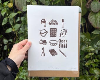 Impresión en linóleo de la Docena del Panadero, ilustración de herramientas de repostería, regalo para chef (20 x 25 cm)