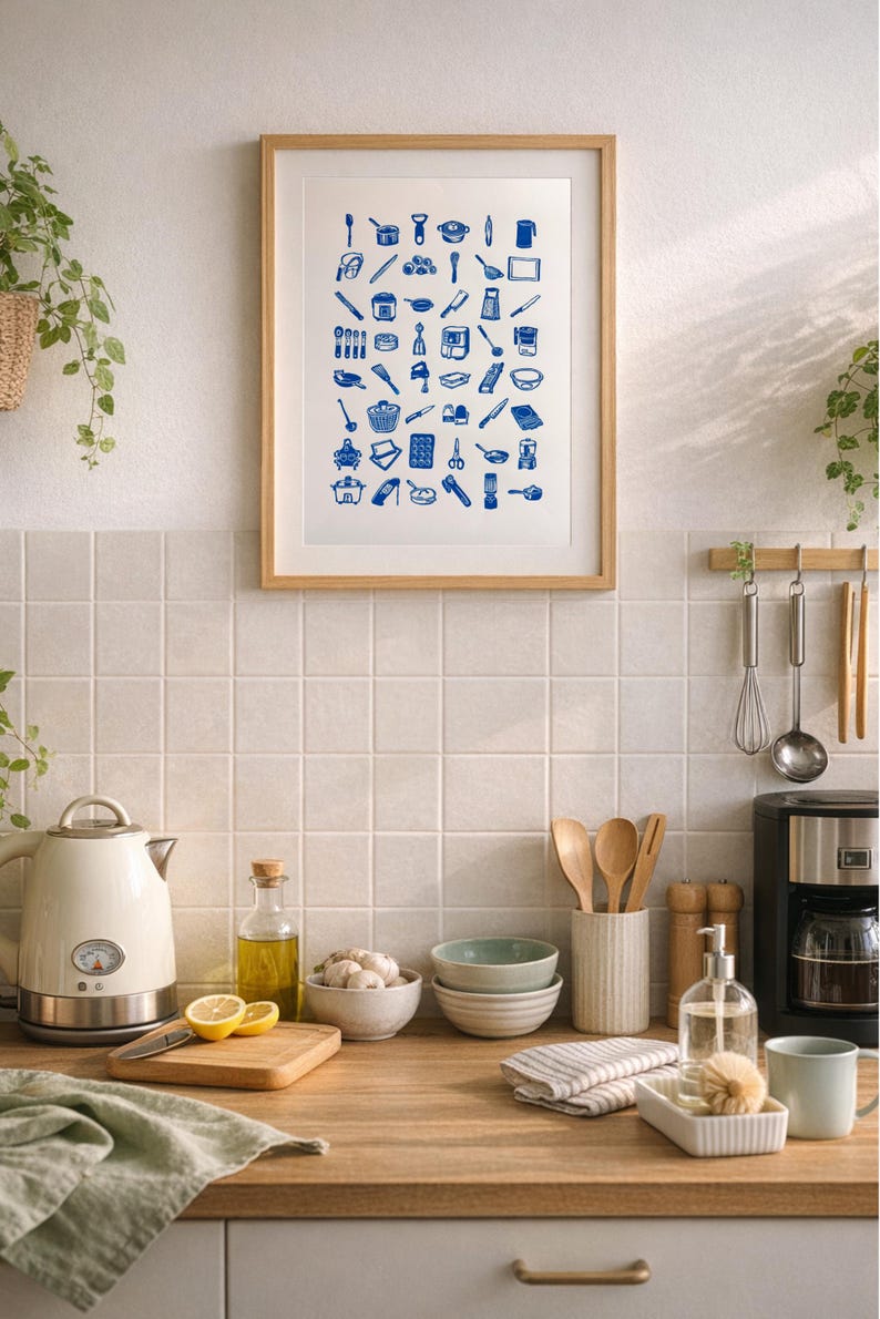 Kitchen Wall Art – Handmade Linocut Print, 48 Cooking Tools ...