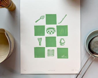 Grabado en linóleo de herramientas para matcha – Arte del té tallado a mano, decoración de pared para la cocina