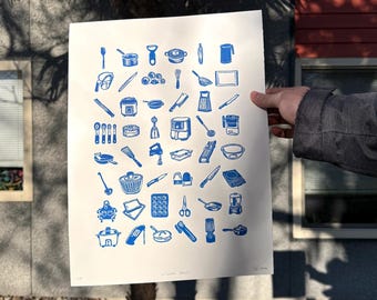 Arte mural de cocina: Impresión linográfica hecha a mano, ilustración de 48 utensilios de cocina, 30 x 40 cm, regalo para chef