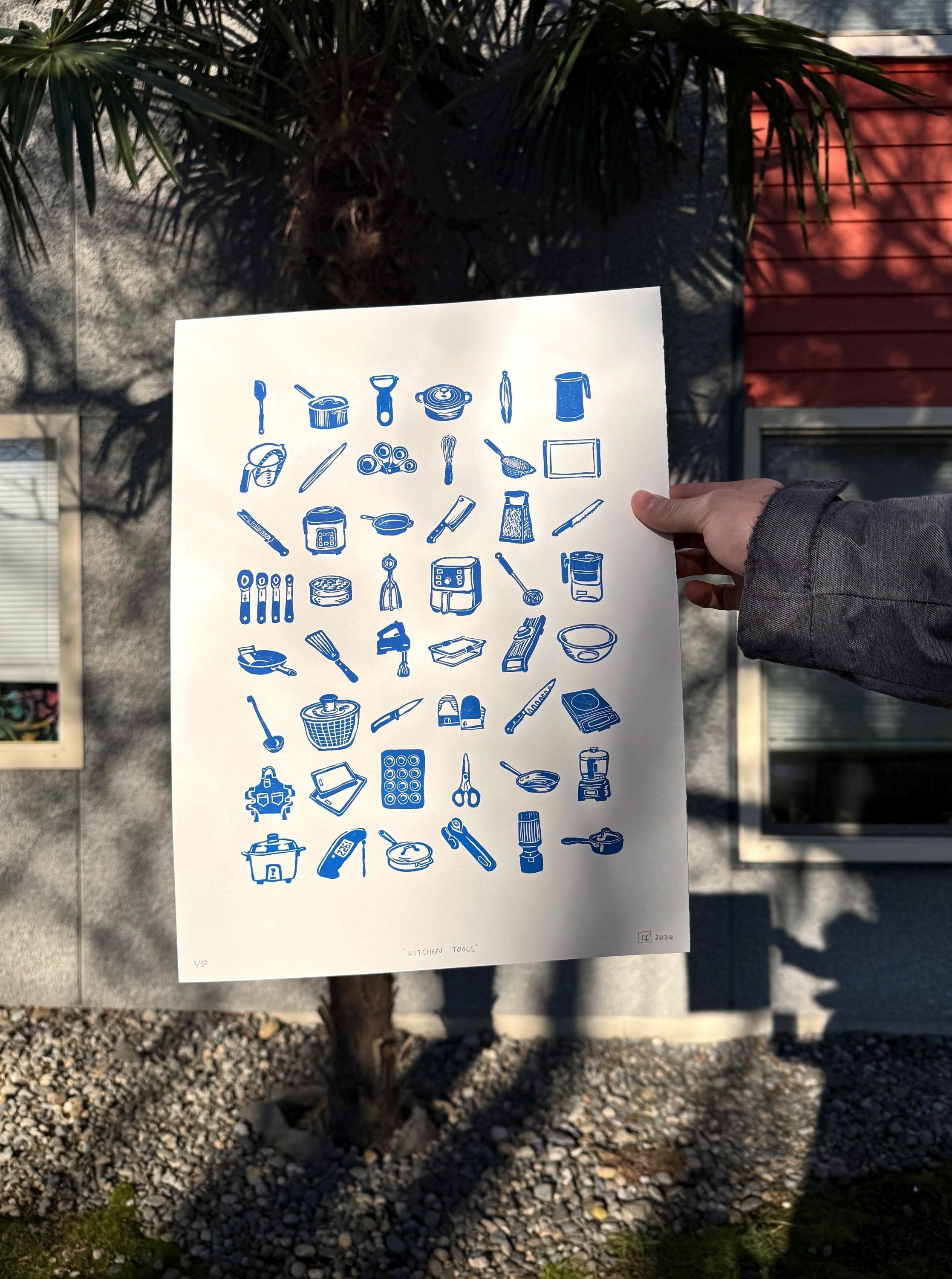 Kitchen Wall Art – Handmade Linocut Print, 48 Cooking Tools ...