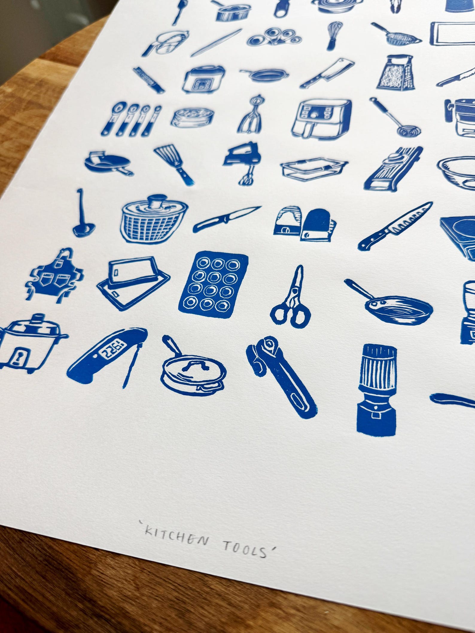 Kitchen Wall Art – Handmade Linocut Print, 48 Cooking Tools ...