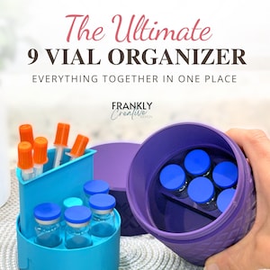 May include: A blue plastic 9-vial organizer with a separate purple lid. The base holds glass vials with blue caps, while a tall section holds vials with orange caps. Text reads: The Ultimate 9 VIAL ORGANIZER EVERYTHING TOGETHER IN ONE PLACE.