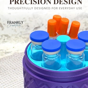 May include: A purple cylindrical storage container with a textured geometric pattern, holding several clear glass vials with blue caps and orange-capped tubes. Text reads: Premium Quality PRECISION DESIGN THOUGHTFULLY DESIGNED FOR EVERYDAY USE FRANKLY Creative DESIGN.