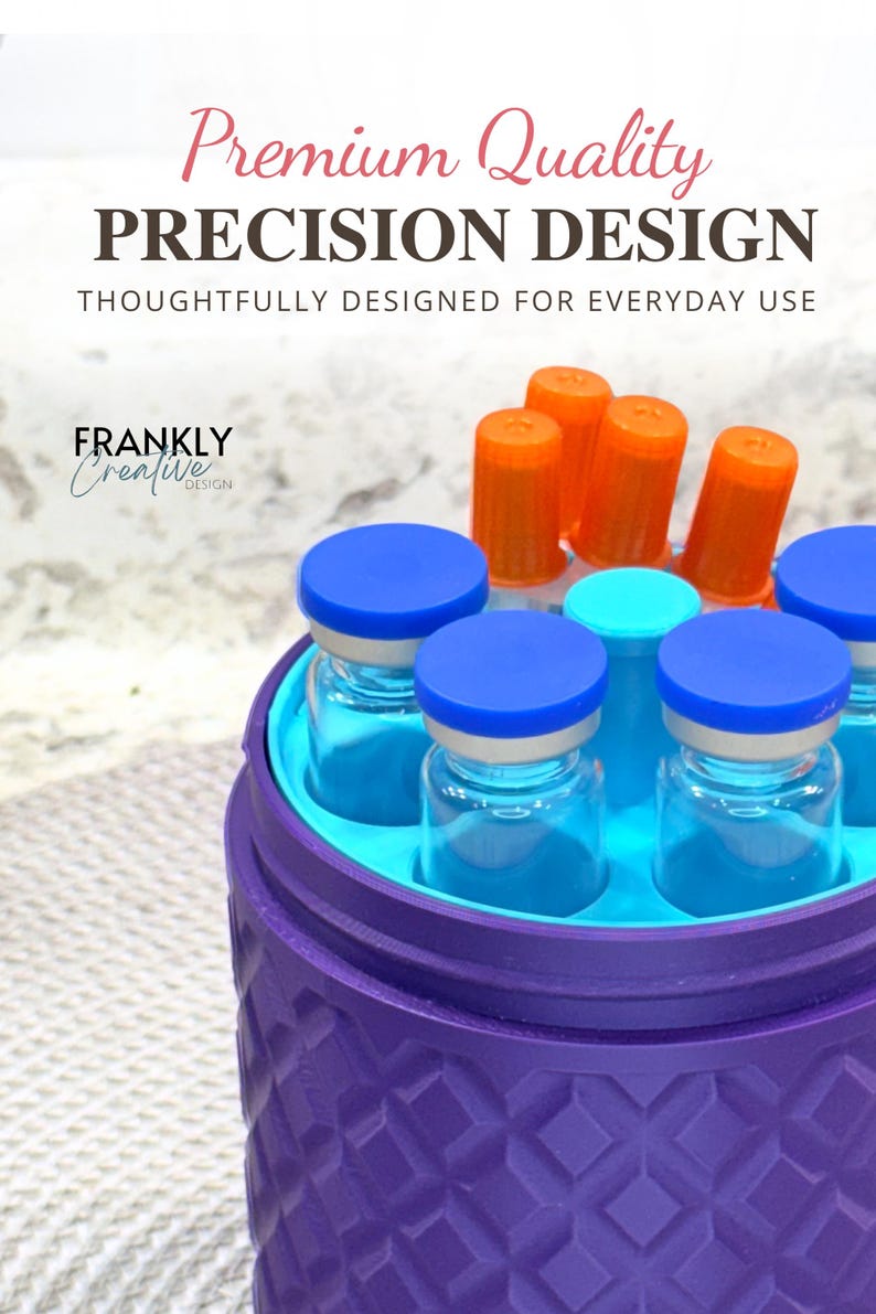 May include: A purple cylindrical storage container with a textured geometric pattern, holding several clear glass vials with blue caps and orange-capped tubes. Text reads: Premium Quality PRECISION DESIGN THOUGHTFULLY DESIGNED FOR EVERYDAY USE FRANKLY Creative DESIGN.