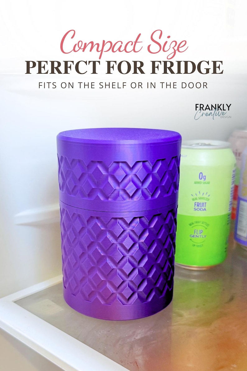 May include: A cylindrical purple container with a textured geometric diamond pattern on its exterior. The text above reads Compact Size PERFCT FOR FRIDGE FITS ON THE SHELF OR IN THE DOOR and FRANKLY Creative DESIGN. It sits on a glass shelf.