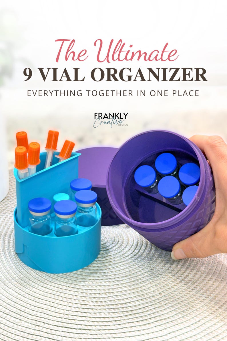 May include: A blue plastic 9-vial organizer with a separate purple lid. The base holds glass vials with blue caps, while a tall section holds vials with orange caps. Text reads: The Ultimate 9 VIAL ORGANIZER EVERYTHING TOGETHER IN ONE PLACE.