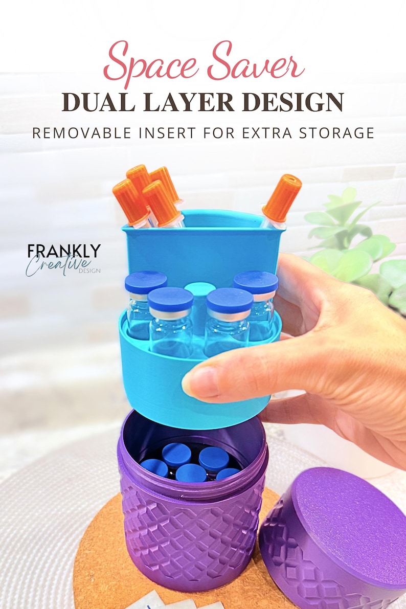 May include: A purple cylindrical storage container with a textured diamond pattern and a matching lid. It features a removable light blue dual-layer insert holding small glass vials with blue caps and orange-capped tools. Text reads Space Saver.
