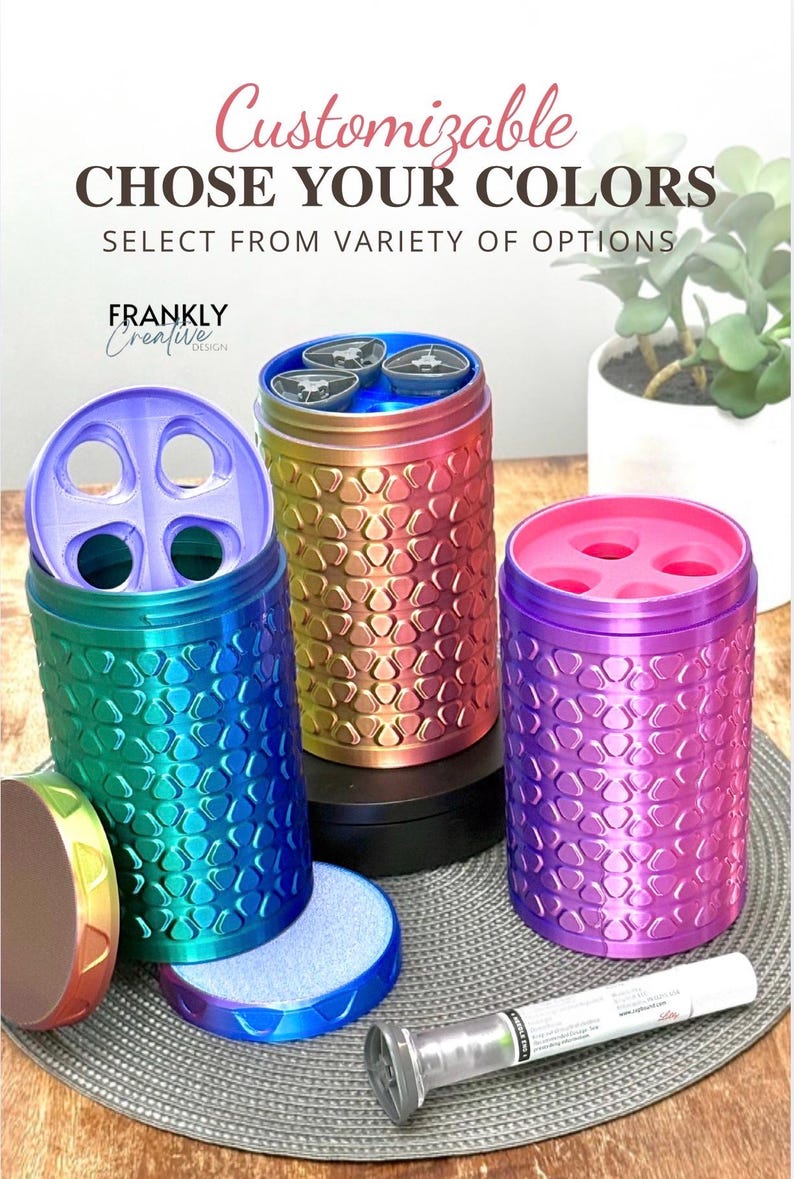 Puede incluir: Tres recipientes cil&iacute;ndricos con patrones geom&eacute;tricos texturizados en azul, morado y colores arco&iacute;ris. El texto dice: Customizable CHOSE YOUR COLORS SELECT FROM VARIETY OF OPTIONS. Cada recipiente tiene una tapa con varios orificios.