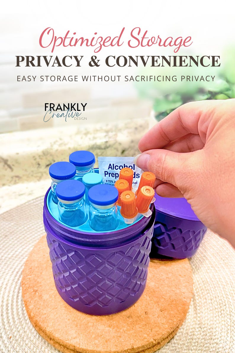 May include: A purple cylindrical storage container with a textured diamond pattern on the exterior. The container holds several small glass vials with blue caps, orange-capped needles, and an alcohol prep pad. The text reads Optimized Storage.