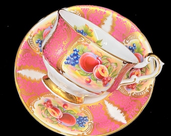 Vintage Paragon Orchard Fruit Teacup and Saucer, Heavy Gilt Pink Gold Tea Cup, England