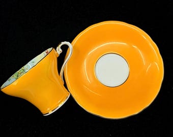 Vintage Aynsley Corset Shape Teacup and Saucer – Bright Yellow, Floral Interior