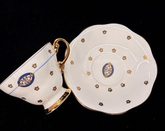 Vintage Foley Bone China Teacup and Saucer White, Blue Crest, Gilt Leaf Motif, England