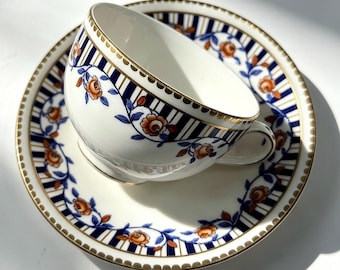 Vintage Crown Staffordshire Orange Rose Blue Stripe Bone China Teacup and Saucer