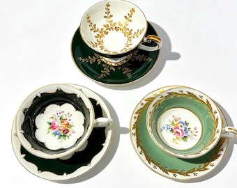 Set of 3 Vintage Green Tone Bone China Teacups Sets