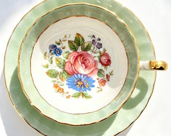 Vintage Aynsley Mint Green Teacup and Saucer, Footed Bone China, Floral Centre