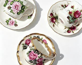 Group of 3 Vintage English Bone China Teacups & Saucers, Pink Floral Rose Set