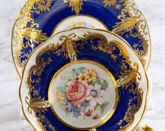 Vintage Paragon Kingston Teacup Saucer – Cobalt Blue Gilt Floral Fine China