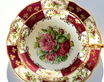 Vintage Foley Bone China Teacup Saucer Set: Red Rose Floral Gilt England