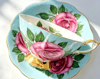 Vintage Royal Standard Aqua Blue Pink Roses Footed Teacup and Saucer,